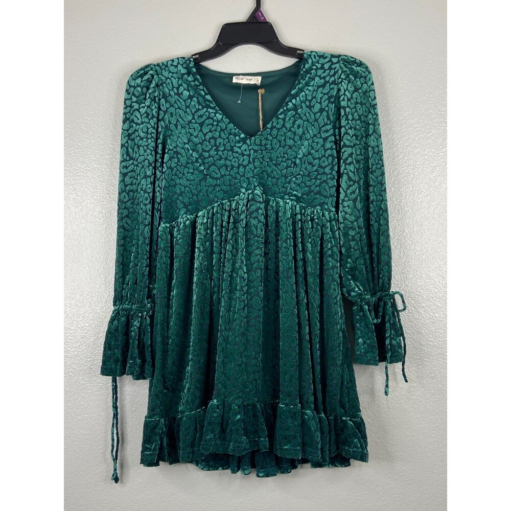 New In Collection Women Small Green Babydoll Dress Leopard Print Velvet Feel
